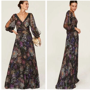Marchesa Notte 895 retail!! Floral Pleated Formal Occasion Gown Maxi Dress